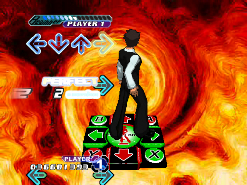A brown-haired boy in a brown suit and white shirt, standing on a dance pad. In the upper right corner is a bar that says "Player 1." Underneath that are four arrows--left, down, up, right. Beneath that is the word "Perfect" and a right-pointing arrow. The scene is on a fiery orange background.