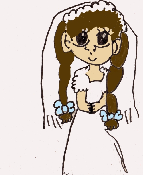 A drawing of a girl in a First Communion dress. She is white and has long brown hair, tied in pigtails with blue bows. 